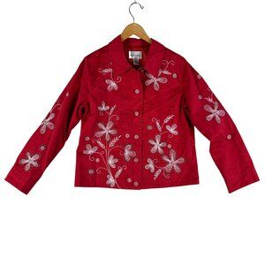 Drapers & Damons Womens Petite M Red Floral Embroidered Button-Up Jacket Artsy